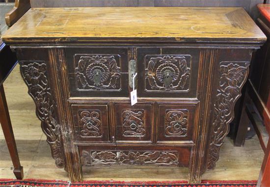 Chinese carved elm side cabinet(-)